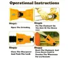 A collage of four images showing the operational instructions for a chainsaw sharpener. Produktbild-Vorschau