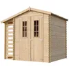 A wooden garden shed with a ladder on the side, presented against a white background. Produktbild-Vorschau