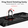 A black phone case with a rotating ring stand is shown, highlighting its adjustable angles. Produktbild-Vorschau