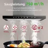 A diagram illustrating the different suction levels and booster function of a kitchen hood, with steam rising from food being cooked below. Produktbild-Vorschau
