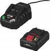 A black battery charger and a black battery pack are shown against a white background. Produktbild-Vorschau