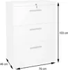 A white filing cabinet with three drawers and a lock on the top drawer, shown against a white background with dimensions indicated. Produktbild-Vorschau