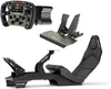 A racing simulator setup including a steering wheel, pedals, and cockpit. Produktbild-Vorschau