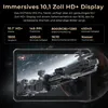 A tablet displaying a futuristic spaceship image, with marketing text and specifications above it. Produktbild-Vorschau