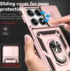 A hand holding a rose gold phone case with a sliding camera cover and ring holder. Náhled obrázku produktu