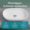 A white mineral cast countertop washbasin is shown with descriptive text and icons below. Produktbild-Vorschau