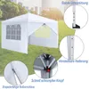 A white pop-up tent set up on a grassy area with a city skyline in the background. Several close-up insets highlight features of the tent. Produktbild-Vorschau