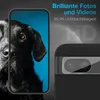 A marketing image showcasing a phone camera lens protector with a dog on the phone screen and text highlighting features. Produktbild-Vorschau