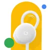 A close-up of a white Google USB-C earbud with a yellow background and abstract colored circles. Produktbild-Vorschau
