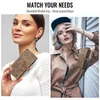 A collage of two women showcasing a brown leather wallet/phone case. Produktbild-Vorschau