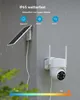 A white outdoor security camera with a solar panel attached to a wall, with rain and snow depicted. Produktbild-Vorschau