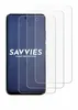 Three transparent screen protectors are shown layered on top of each other, with the front-most protector partially covering a dark blue surface with white text. Produktbild-Vorschau