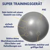 A gray exercise ball with text overlays describing its features. Produktbild-Vorschau