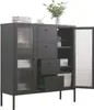 A dark gray metal highboard with glass doors and drawers, displayed in a studio setting with a plant and books on top. Produktbild-Vorschau