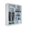 A white wardrobe with clothes hanging inside and shelves with folded clothes and storage boxes. Produktbild-Vorschau