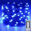 A coil of blue LED string lights with a remote control. Produktbild-Vorschau