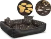 A dog bed with paw print and bone patterns, shown with close-up insets highlighting the fabric texture and water resistance. Anteprima dell’immagine prodotto