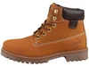 Das Bild zeigt einen gelben Stiefel aus Leder mit Schnürung und einer dicken Sohle. Zu sehen ist der Stiefel von der linken Seite mit leicht erhöhtem Blickwinkel. Productafbeelding-voorbeeld