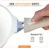 A close-up of a hand detaching a handle from a pan, with text overlay describing the feature. Produktbild-Vorschau