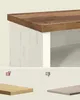A close-up of a wooden shelf with a white base, and two smaller images below depicting material samples with thumbs up and thumbs down icons. Náhled obrázku produktu