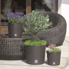 Three planters with plants are arranged on a patio next to a wicker chair and table. Produktbild-Vorschau