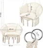 A collage of images showing a hanging chair with dimensions and close-ups of its metal rings. Podgląd zdjęcia produktu