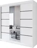 A white wardrobe with a mirrored door reflecting a living room scene with a sofa and coffee tables. Produktbild-Vorschau