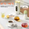 A travel kettle and various beverages are displayed on a countertop, showcasing different temperature settings and uses. Produktbild-Vorschau