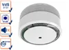 A white smoke detector is shown from a slightly elevated angle, with informational icons on the left. Produktbild-Vorschau