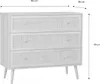 A white dresser with cane drawer fronts is shown with dimensions indicated by lines and text. Produktbild-Vorschau