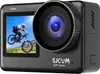 A black SJCAM SJ11 Active action camera is shown from a front-facing angle against a light gray background. The camera has a large lens on the right side and a screen on the left displaying a mountain biker in action. The SJCAM logo is visible on the front Voir les images du produit