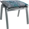 A gray plastic stool with a cushioned top featuring a blue and gray ornamental stripe pattern. Produktbild-Vorschau