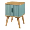 A product shot of a small cabinet with sliding doors and wooden legs. Podgląd zdjęcia produktu