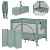 A collage of images showing a travel crib and its accessories, including a folded crib, a carrying bag, a mosquito net, and a foldable mat. Náhľad obrázku produktu