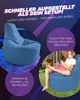 A blue beanbag chair is shown indoors and outdoors, with text highlighting its features. Produktbild-Vorschau