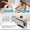 Collage showing a woman waking up, a couple having breakfast, and a close-up of a projection alarm clock. Produktbild-Vorschau