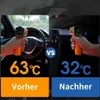 Vergleich der Innenraumtemperatur des Autos vor und nach Verwendung eines Sonnenschutzes, mit 63°C und 32°C Voir les images du produit