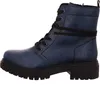 A side view of a blue lace-up boot with a black sole and laces. Voir les images du produit