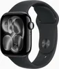 A close-up studio shot of a black Apple Watch with a black sport band against a white background. Produktbild-Vorschau