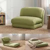 A collage of a green folding chair/bed in different configurations, set in a room with a rug and a bookshelf. Produktbild-Vorschau