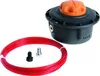 A product shot of a string trimmer head with red trimmer line and two bolts on a white background. Produktbild-Vorschau