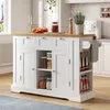 A white kitchen island with a wooden countertop is shown in a kitchen setting. Produktbild-Vorschau