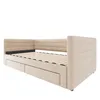 A beige upholstered daybed with two drawers underneath, shown from a three-quarter angle against a white background. Náhled obrázku produktu