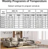 A table showing weekly temperature programming schedule and a living room scene. Produktbild-Vorschau