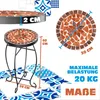 A mosaic side table with dimensions and load capacity indicated, placed on a patterned floor. Produktbild-Vorschau