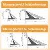 Diagrams showing the detection range of a motion sensor when mounted on a wall or ceiling. Produktbild-Vorschau
