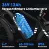 Close-up of an e-bike battery pack mounted on the frame, with text overlays highlighting features. Voir les images du produit