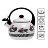 A white enamel kettle with a black handle and lid, decorated with cartoon chickens and black polka dots. To the right of the kettle are four icons indicating suitability for different stovetops. Produktbild-Vorschau