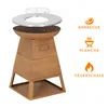 An exploded view of a multi-functional outdoor grill/fire pit, with labels indicating its different uses. Produktbild-Vorschau