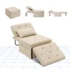 A collage of images showing a beige convertible sofa bed in different configurations, including a folded ottoman, a chaise lounge, and a fully extended bed. Náhled obrázku produktu